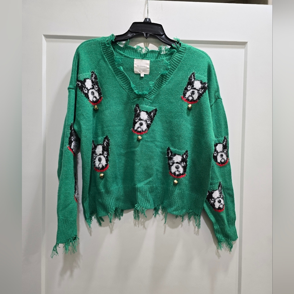 Boston Terrier, "No Comment" Brand, Green Sweater with Dog Pattern And Bells